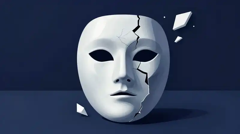 A cracked porcelain mask splits to reveal dark shadows