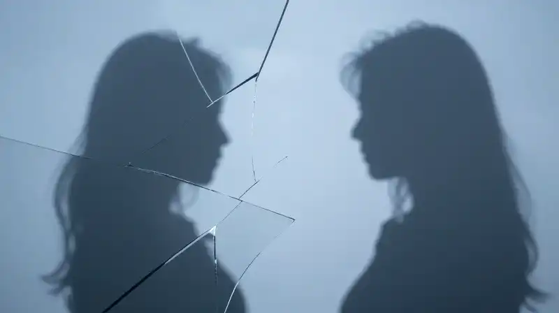 Two abstract blue silhouettes appear through fractured glass patterns