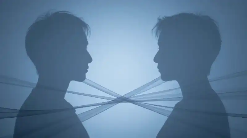 Two abstract silhouettes are entwined in tangled, translucent threads