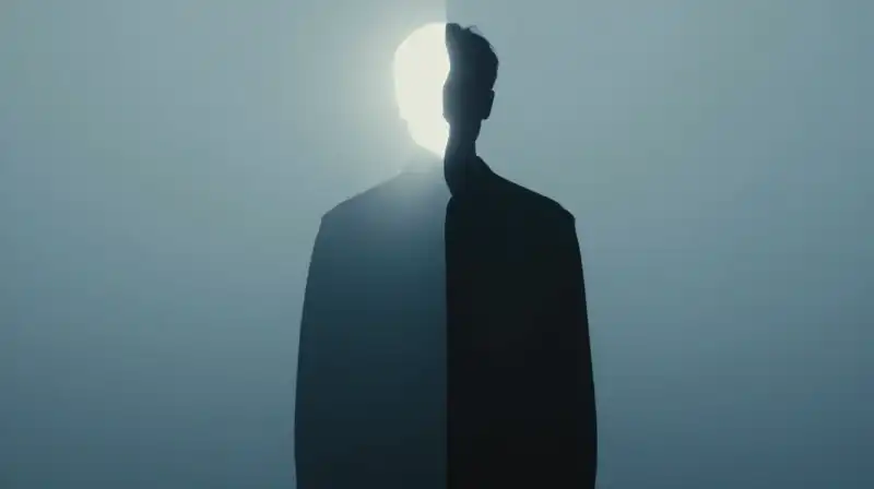 A split silhouette shows one towering and one shrinking figure