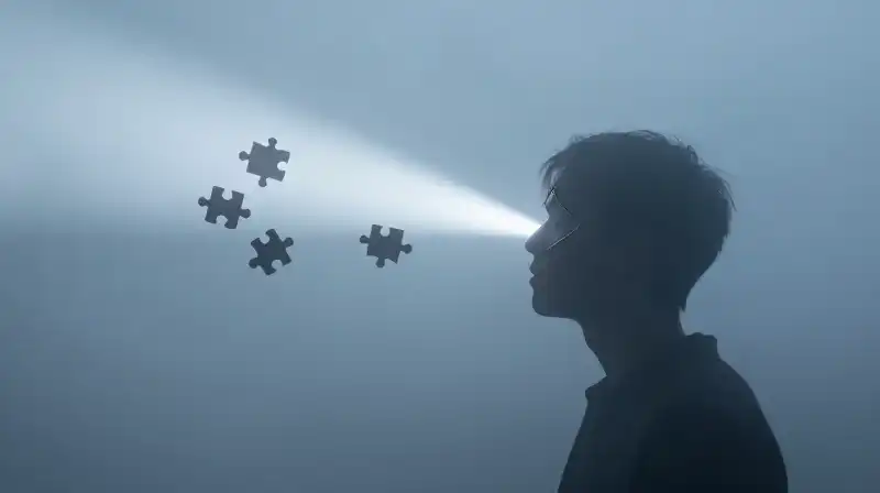 A fractured silhouette drifts amidst swirling blue mist and light