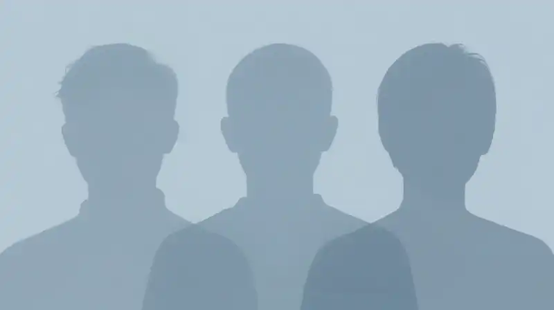 Three translucent blue silhouettes overlap in a minimalist space