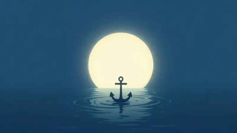 A glowing sphere floats above an anchor in deep water