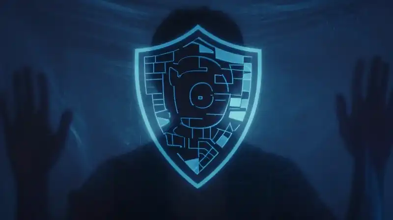 A dark silhouette behind a veil and glowing digital shields