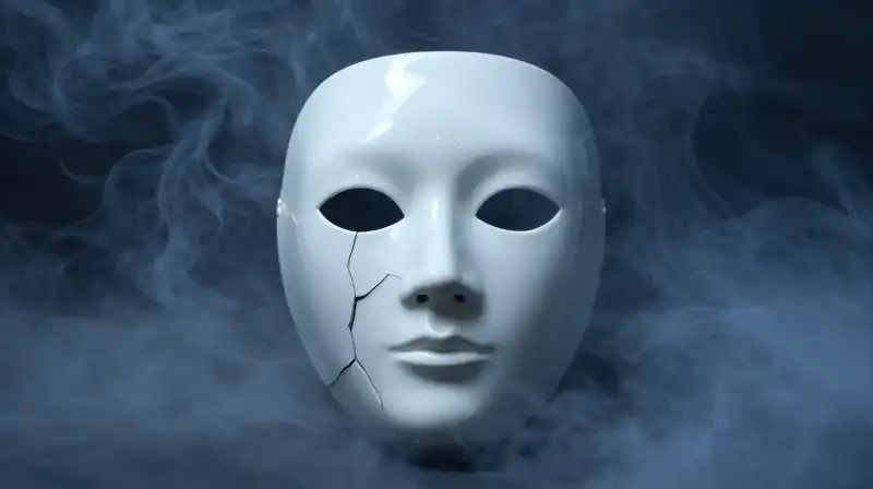 A fractured porcelain mask drifts through swirling blue mist