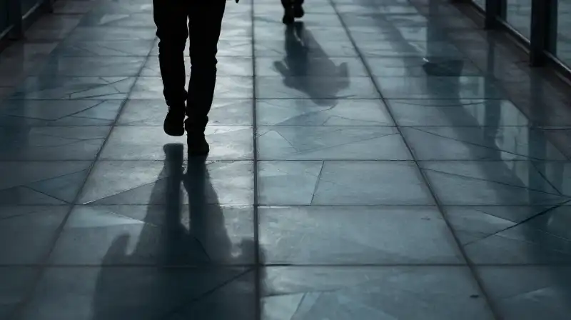 A silhouette walks across a path of fractured glass