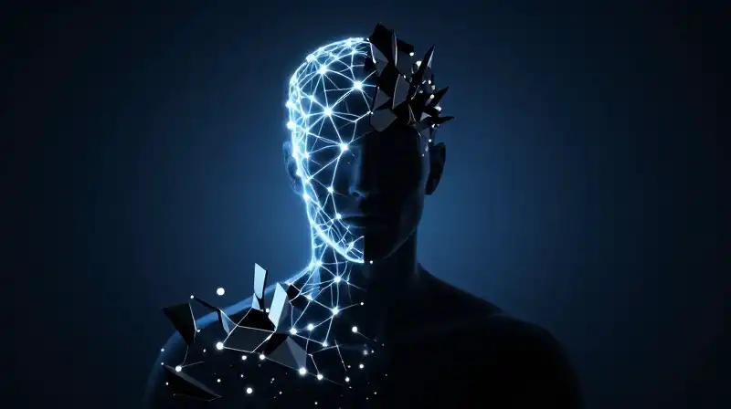 A mans silhouette splits between glowing neural webs and shards