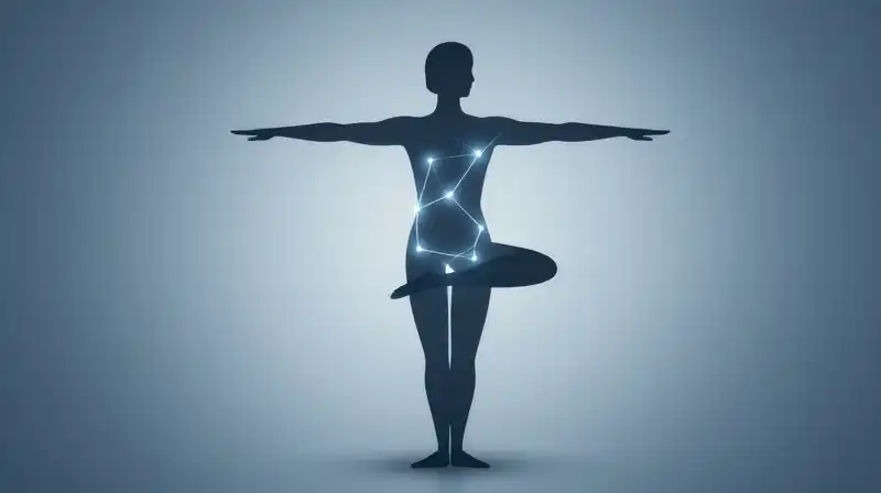 A glowing blue silhouette shows a balanced, geometric human form