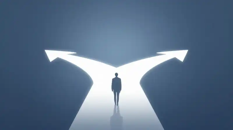 A silhouette stands before a glowing path splitting in two