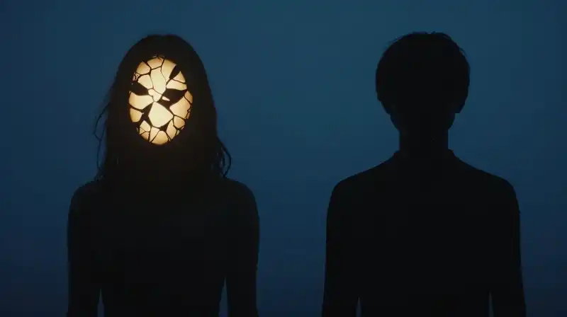 Two contrasting silhouettes float within a dark blue void