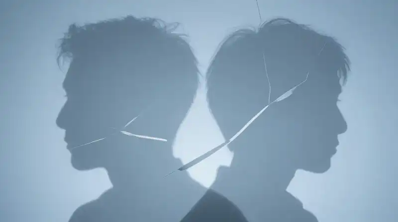 Two overlapping blue silhouettes merge through fractured geometric shards