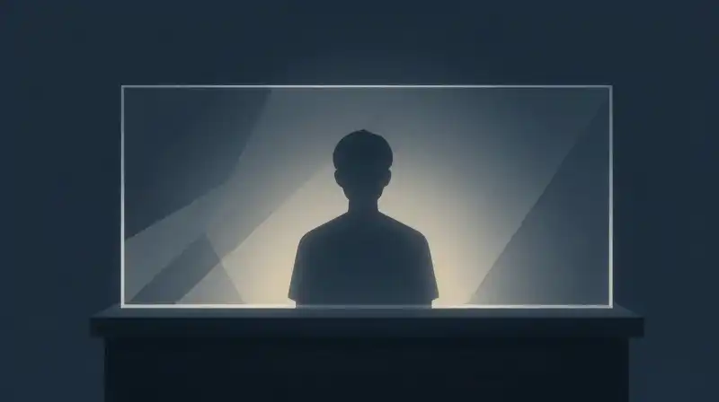 A glowing silhouette stands behind glass amidst soft blue patterns