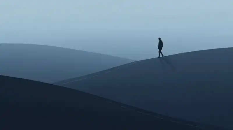 A silhouette walks toward a fork in a misty path
