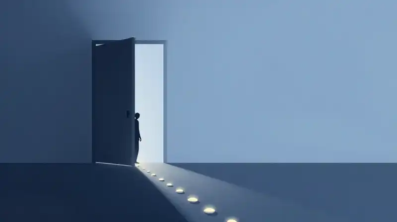 A silhouette walks through a doorway toward glowing stones